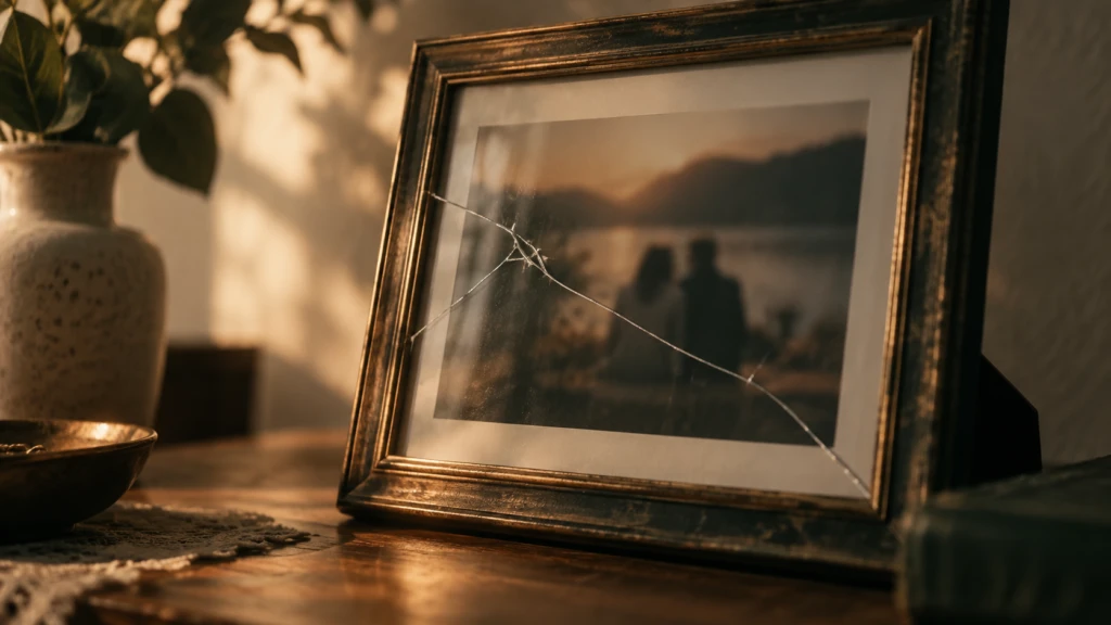 A single hairline crack spreading slowly across a framed glass photo.