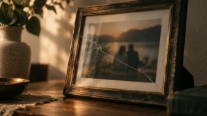 A single hairline crack spreading slowly across a framed glass photo.