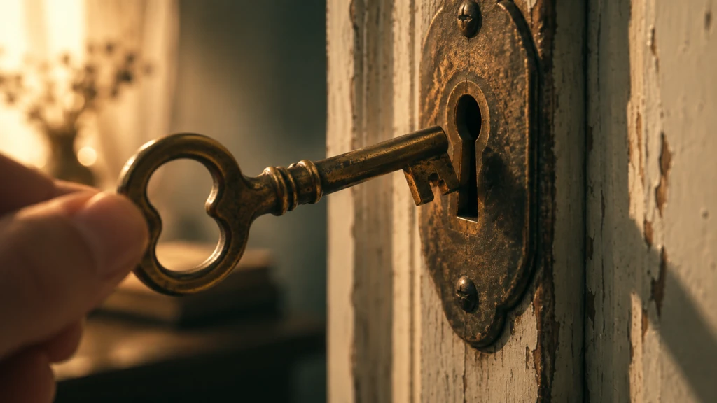 An old brass key held mid-turn in a lock, not quite fitting the mechanism.