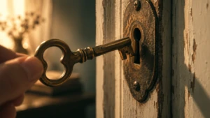 An old brass key held mid-turn in a lock, not quite fitting the mechanism.