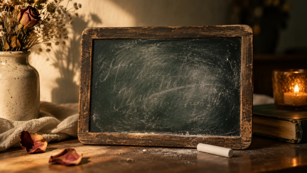 A small chalkboard with faint, half-erased handwriting still visible beneath chalk dust.