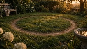 A worn circular path trodden into an otherwise lush garden lawn.