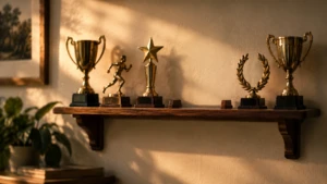 A small wooden trophy shelf with one noticeable gap where a trophy should be.