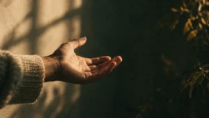 A single open hand extended into a patch of shadow, palm upward, unmet.