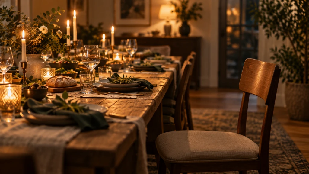 A single empty chair at the edge of a warmly lit dinner table set for many.