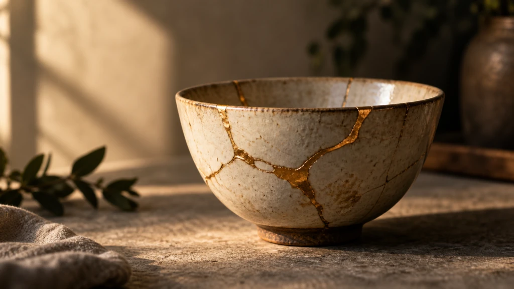 A cracked ceramic bowl carefully mended with visible gold kintsugi seams.