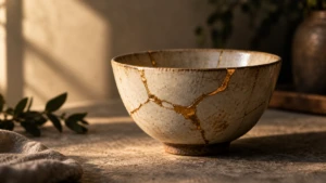 A cracked ceramic bowl carefully mended with visible gold kintsugi seams.