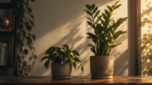 Two potted plants side by side, one noticeably taller and reaching toward the light.