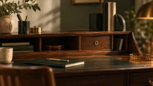 A small locked drawer set into an otherwise open, tidy writing desk.
