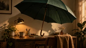 A single oversized umbrella left open indoors, casting a heavy shadow over a small tidy desk.