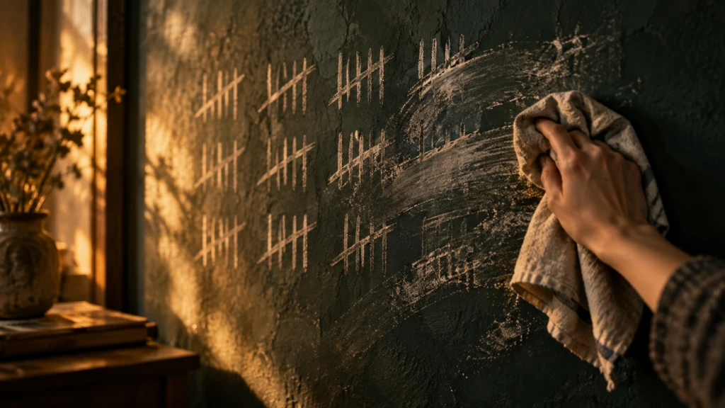 A chalk tally chart on a dark wall, partly wiped clean by a cloth mid-motion.