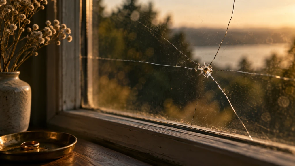 A hairline crack spreading through a windowpane, starting from one small chip.