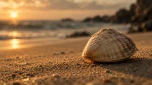A single closed seashell resting on warm sand, catching soft amber light.