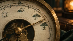 An antique barometer, its needle swinging toward the word "storm."