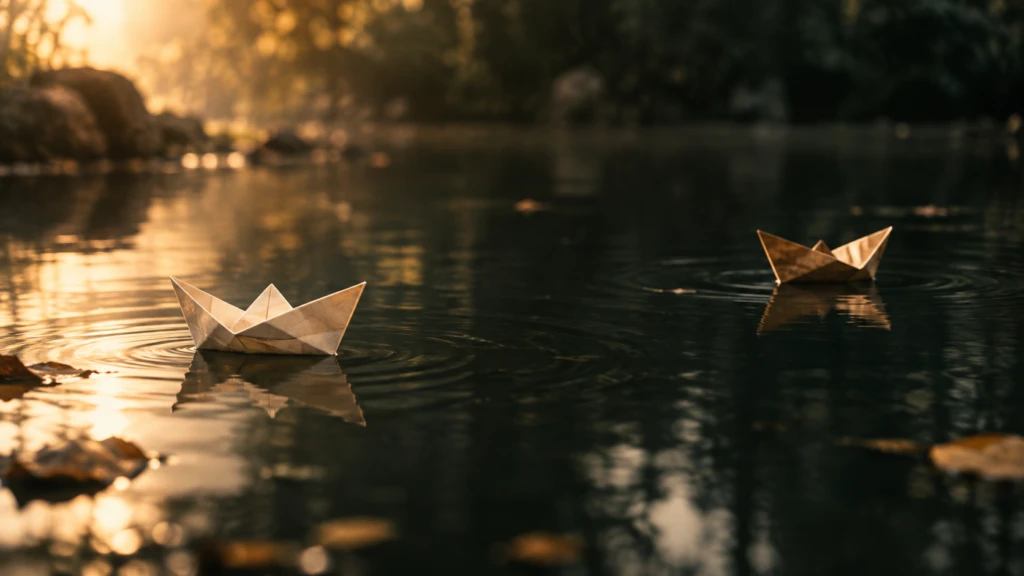 Two small paper boats drifting apart on the still surface of a dark pond.