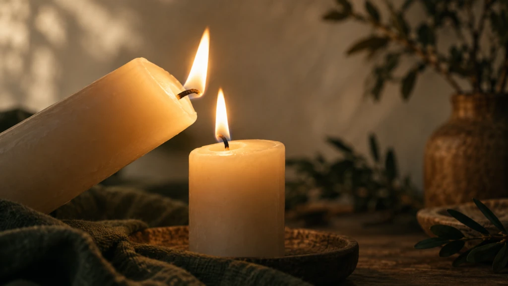 One lit candle tilted to light a second candle, its own flame undiminished.