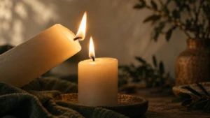 One lit candle tilted to light a second candle, its own flame undiminished.