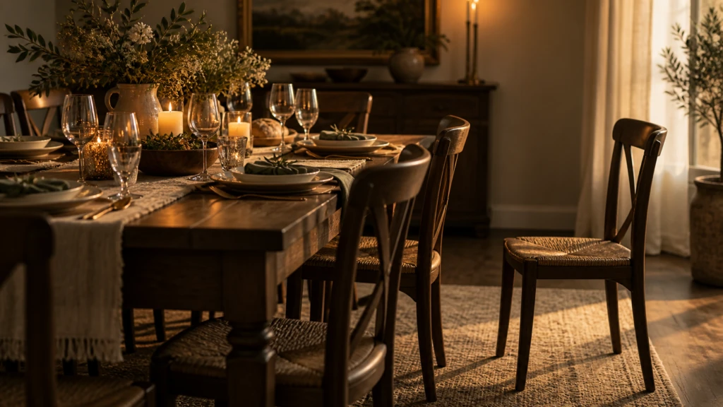 A single chair pulled slightly back from an otherwise fully set table.