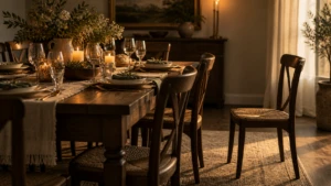 A single chair pulled slightly back from an otherwise fully set table.
