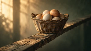 A woven basket of eggs balanced on a narrow, worn wooden floor plank.