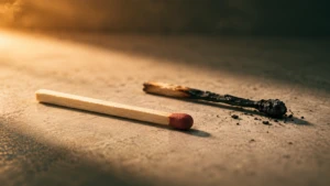 A single unstruck matchstick lying beside one that has fully burned down.