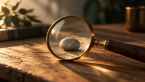 A brass magnifying glass resting over a single small stone on a wooden table.