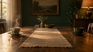 Two teacups at opposite ends of a long table, steam rising visibly from only one.