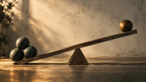 A wooden seesaw frozen mid-motion, one side resting fully on the ground.