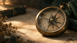 An old brass compass with a visibly cracked glass face.