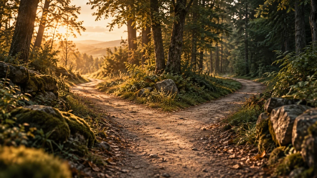 Two footpaths diverging through a warmly lit forest clearing.