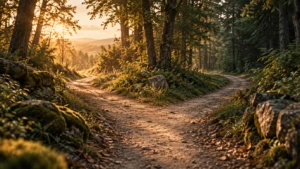 Two footpaths diverging through a warmly lit forest clearing.