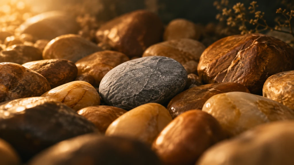 A single grey stone resting among a bed of warm amber-toned stones.