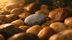 A single grey stone resting among a bed of warm amber-toned stones.