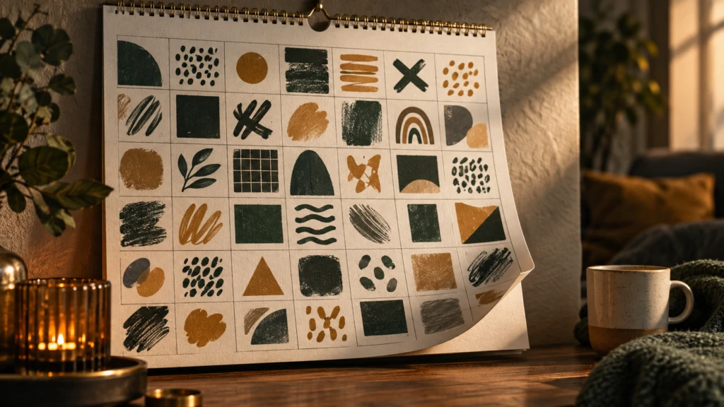 A wall calendar with every square filled edge to edge, one corner page curling up.