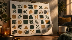A wall calendar with every square filled edge to edge, one corner page curling up.
