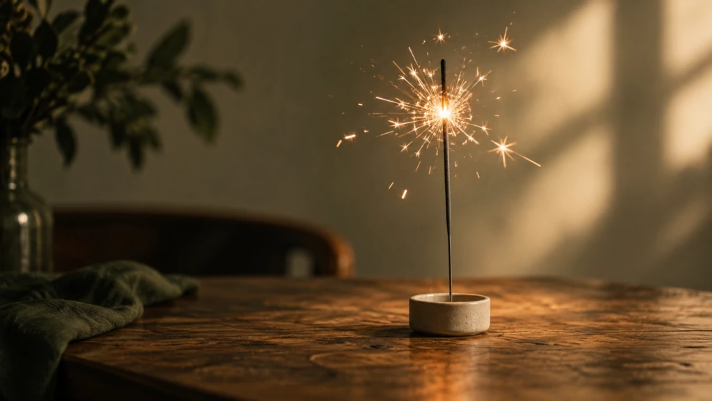 A single sparkler burning quietly indoors on a plain wooden table.