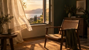 An open window with a warm breeze moving a curtain, an empty chair inside catching light.