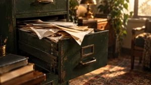 An old filing cabinet drawer left open, papers spilling slightly over the edge.