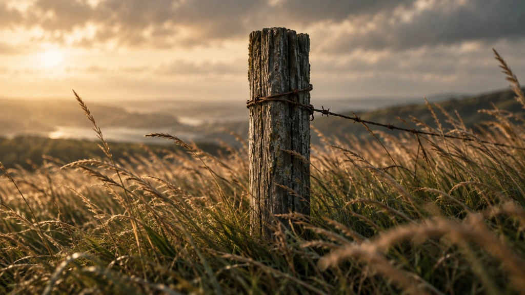 A single weathered fence post standing firm in tall windblown grass.