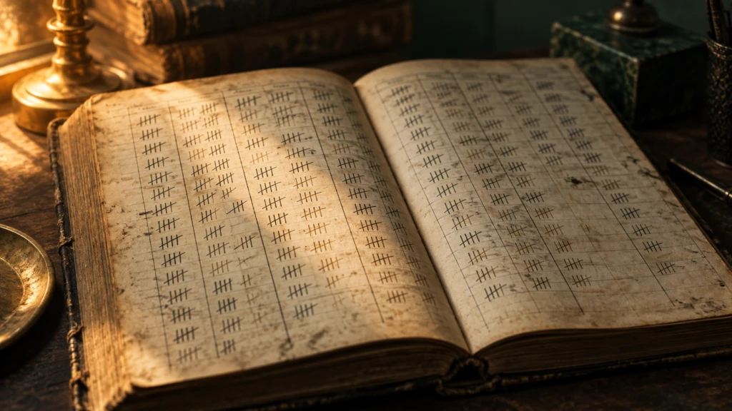 An old ledger book open mid-page, dense columns of tally marks in faded ink.