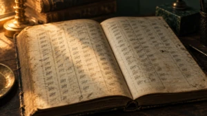 An old ledger book open mid-page, dense columns of tally marks in faded ink.