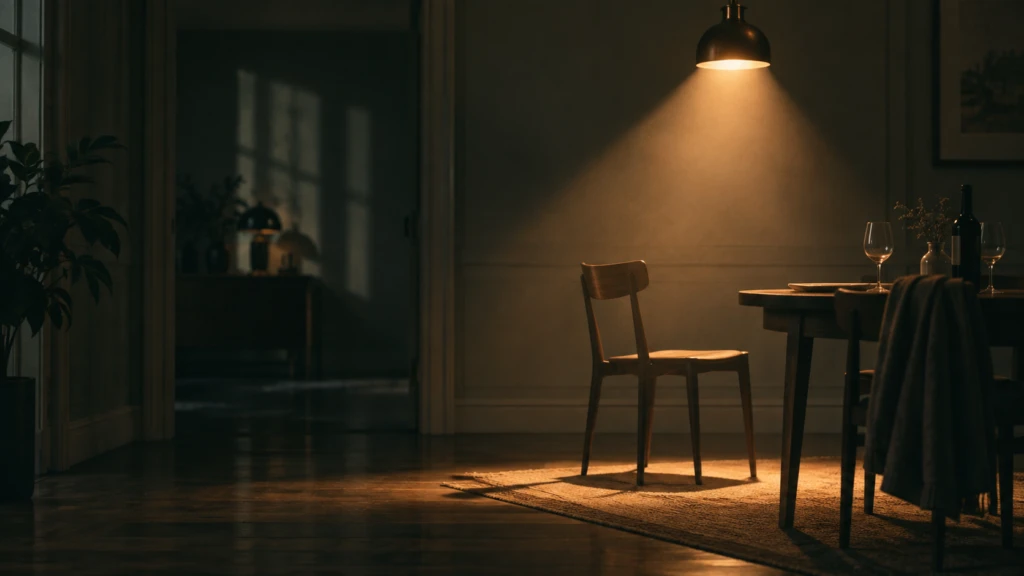 A single warm spotlight cutting through an otherwise dim, empty room.