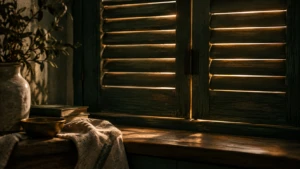 A closed wooden shutter, warm light seeping faintly through its slats.