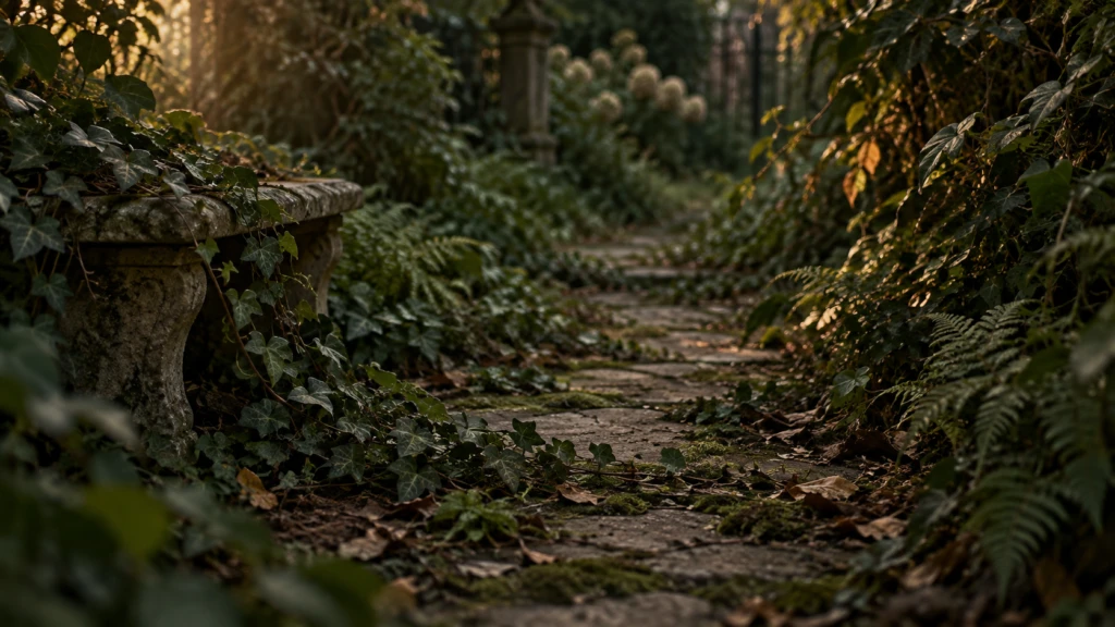 A worn garden path slowly being overtaken by encroaching overgrowth.