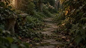 A worn garden path slowly being overtaken by encroaching overgrowth.