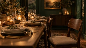 A single empty seat at the edge of a warmly lit table already full of place settings.