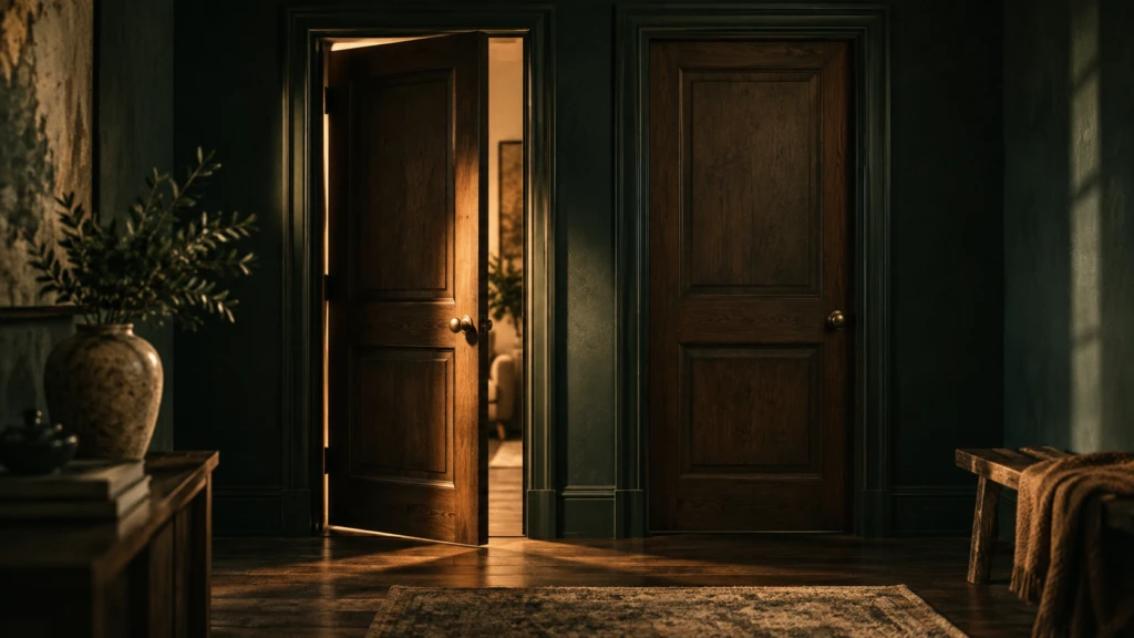 Two wooden doors side by side, one open a crack, the other fully closed.