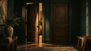 Two wooden doors side by side, one open a crack, the other fully closed.