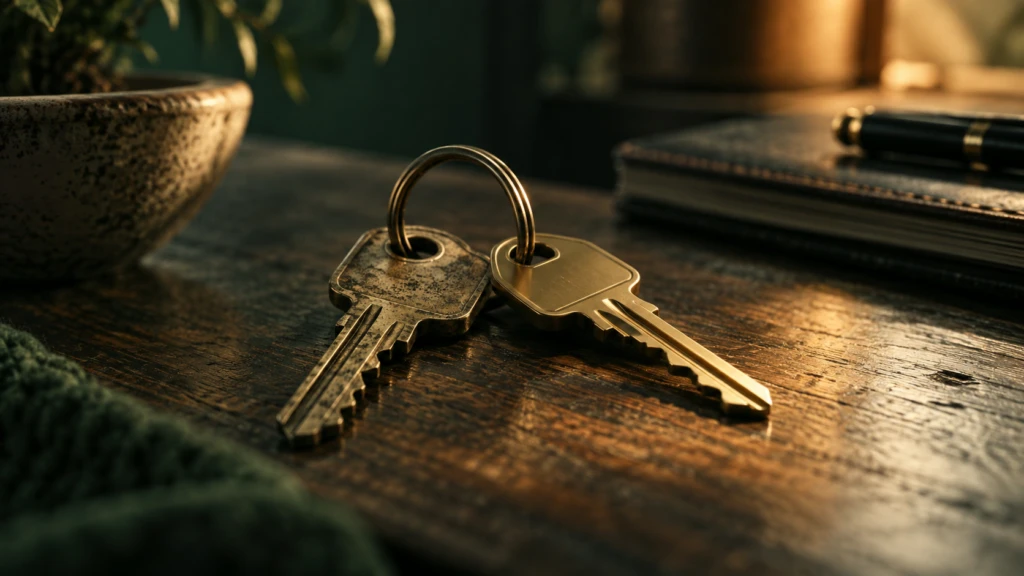 A worn house key resting beside a polished office key on the same ring.