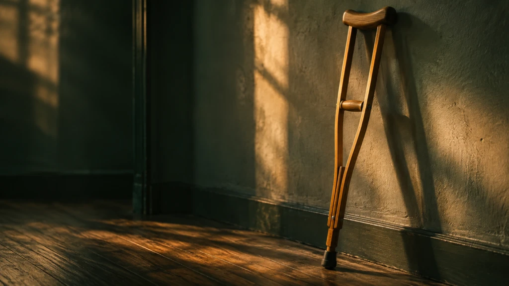 A single wooden crutch leaning unused against a plain wall.